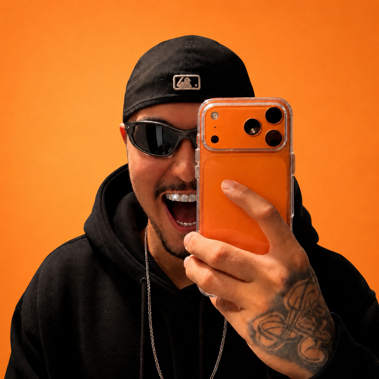 Isac segurando celular em frente a um fundo laranja
